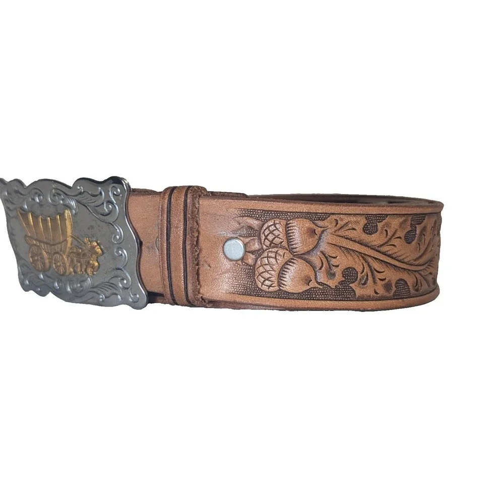 Chambers Leather Belt Co. USA Belt Buckle Covered Wagon Oak Leaves Acorn Belt